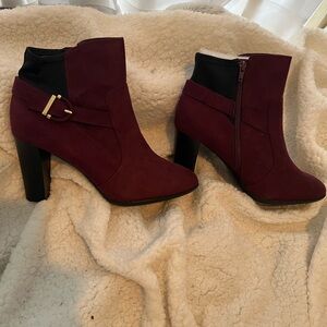 Kelly & Katie Burgundy Suede Ankle Booties with Buckle Detail